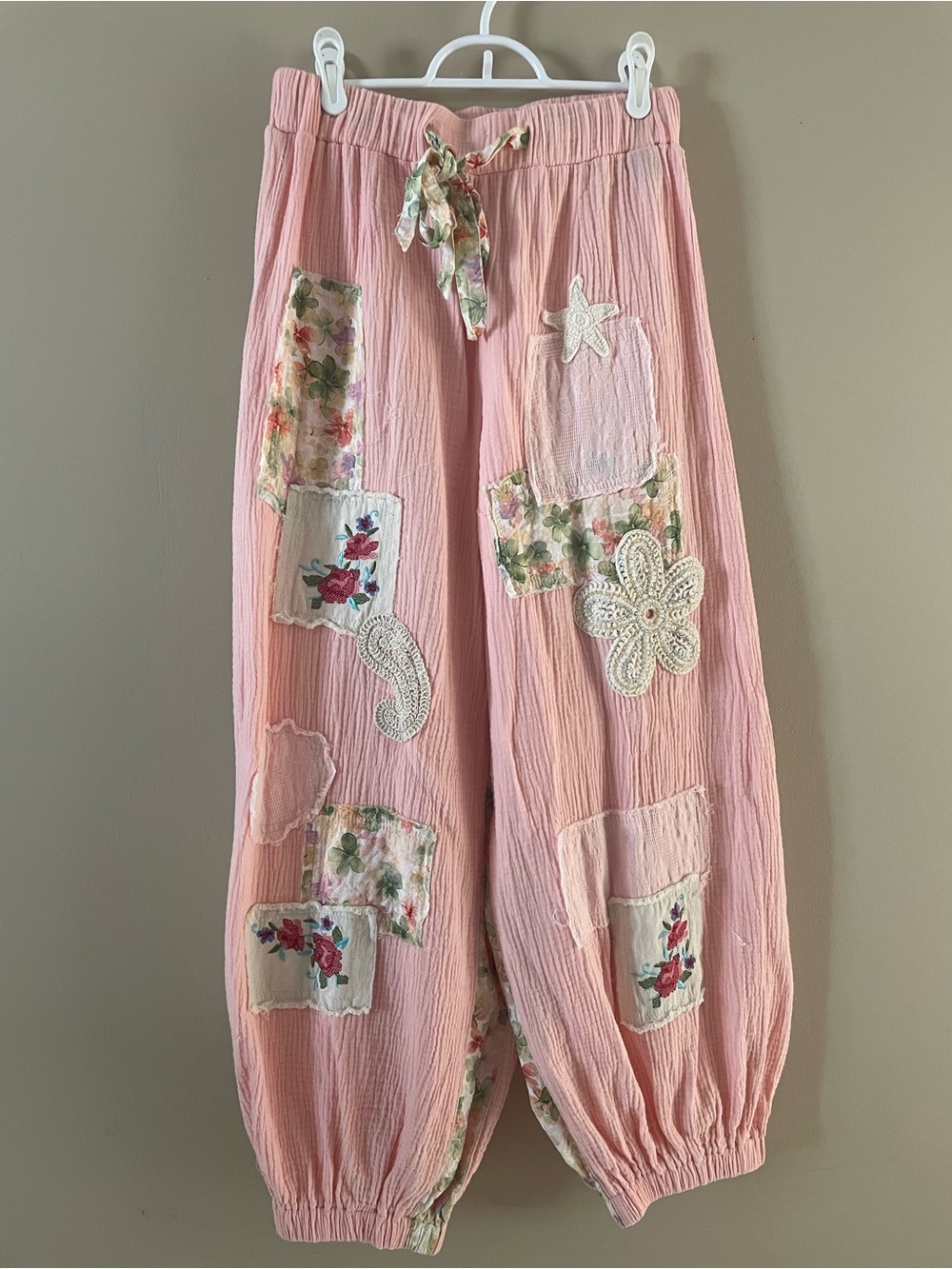 Boho Pink Patchwork Elastic-Waist Pants